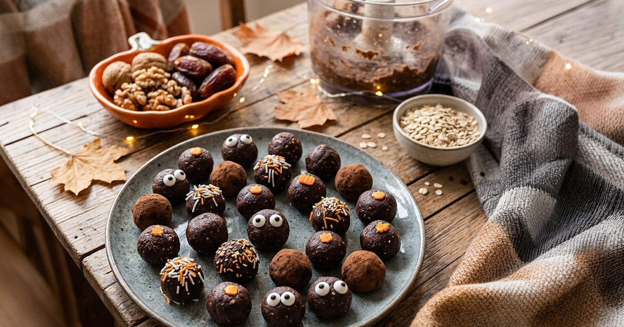 Halloween chocolate protein bites on a ceramic plate, surrounded by Halloween decorations, displayed on a rustic wooden table.