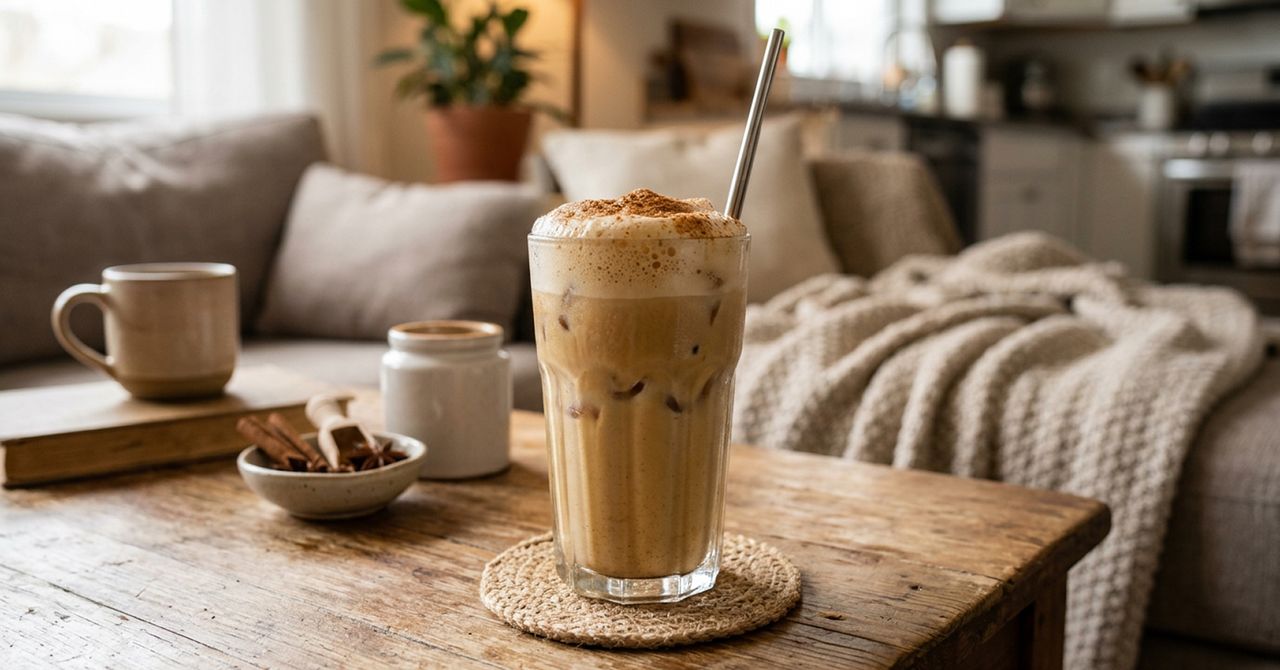 Iced pumpkin spice latte in a tall glass on a coffee table