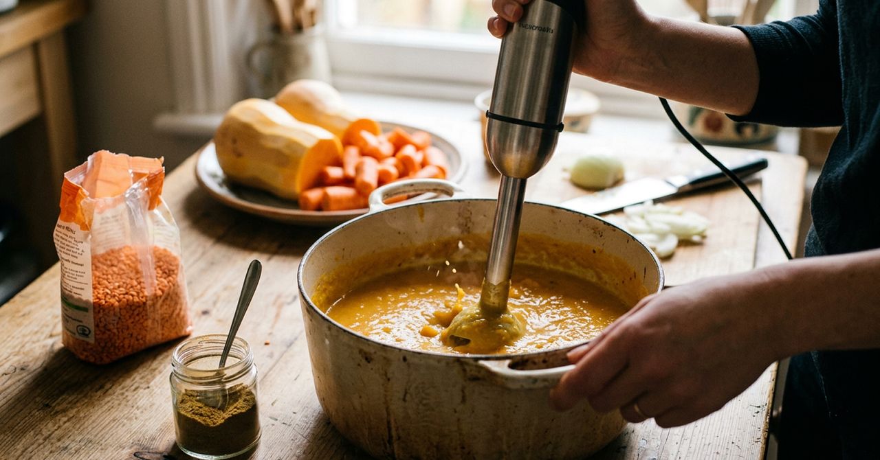 Person cooking butternut squash and carrot soup in a big pot, with the ingredients scattered around the pot on the counter